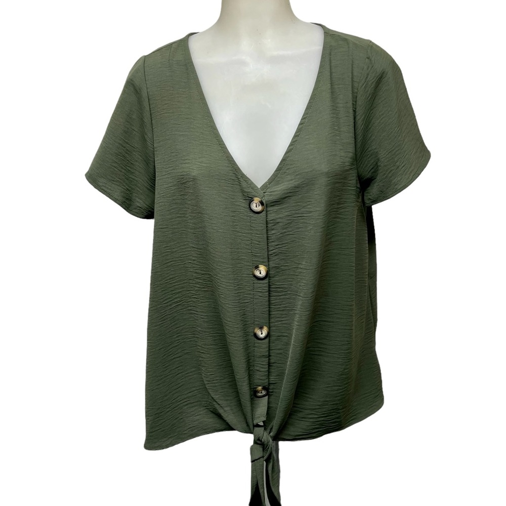 FSL + apparel Top Maternity Olive Green Short Sleeves Button Down Ties t…